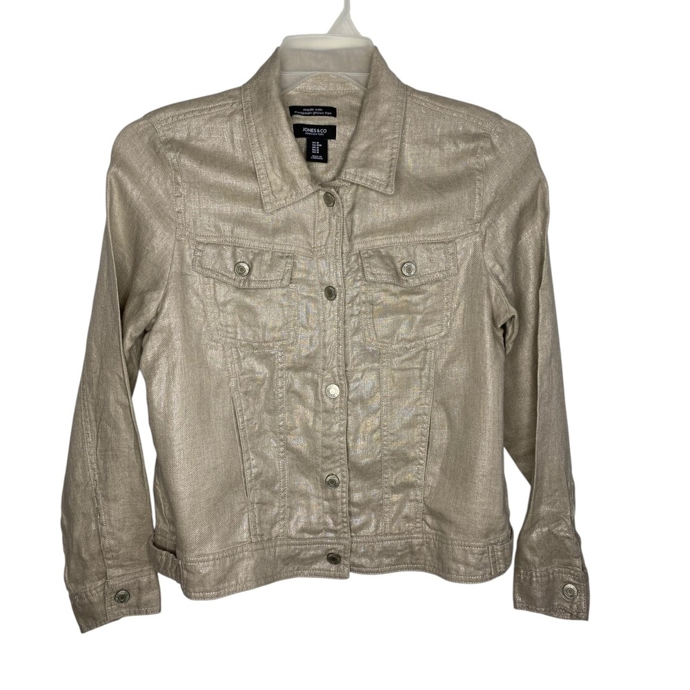 Jones New York Gold Metallic 100% Linen Trucker Jacket Womens Medium Tan